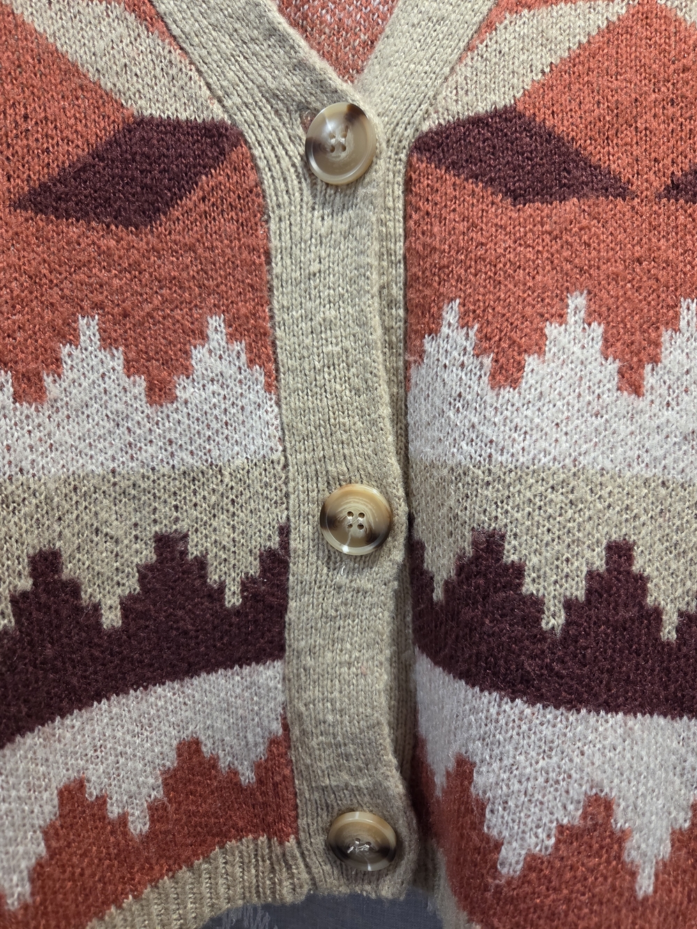 C&C California Rust, Burgundy & Beige Geometric Button-Up Cardigan - Picture 2 of 5